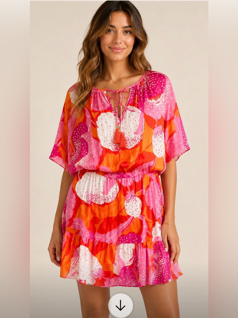 Trina Turk Pink & Orange Floral Tie-Neck Dress with Tassel